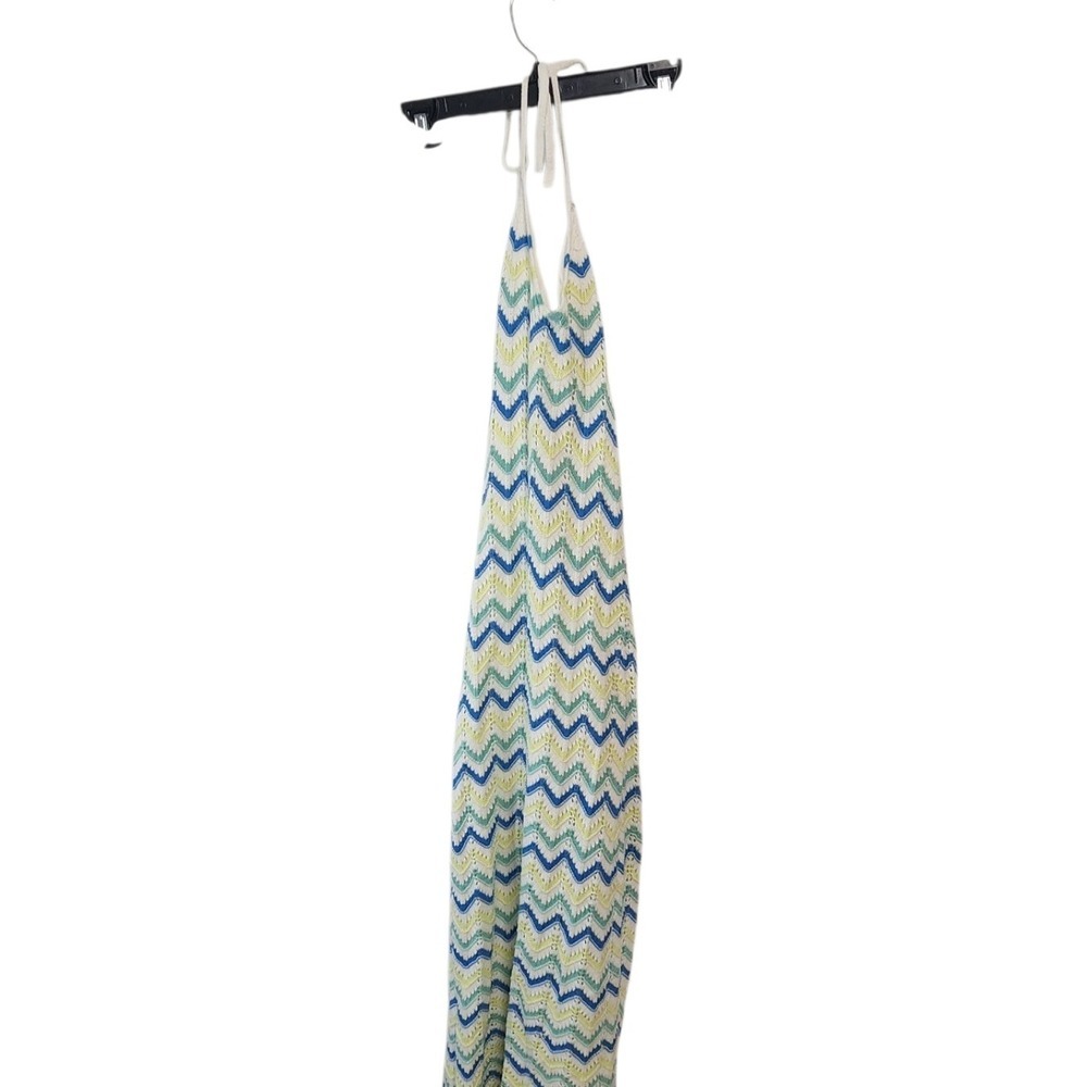 Freshman1996 XS Halter Crochet Knit Maxi Dress Cover Up Blue Green‎ White